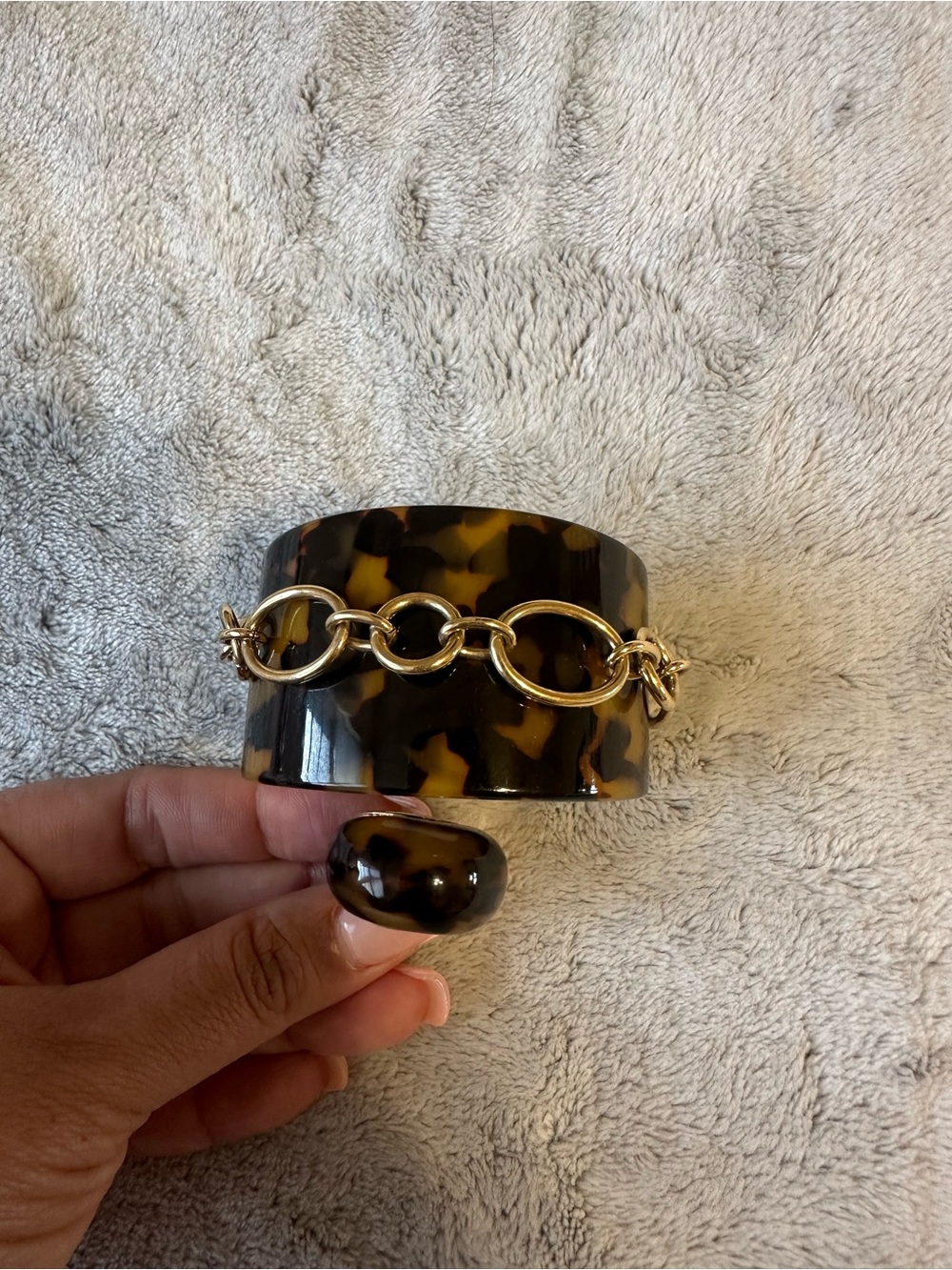 Tortoiseshell Resin Cuff Bracelet and ring with Gold Chain Accent